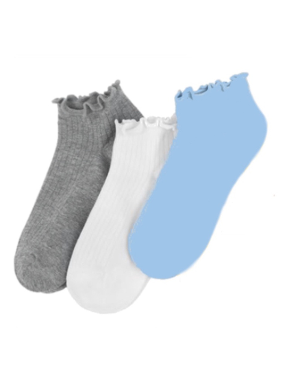 3 Cute Ruffled Crew Socks - 3 Colors - White, Grey, Baby Blue